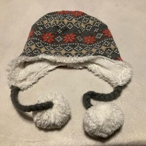 Charming Gray and Pink Kids Winter Hat with Pom Poms